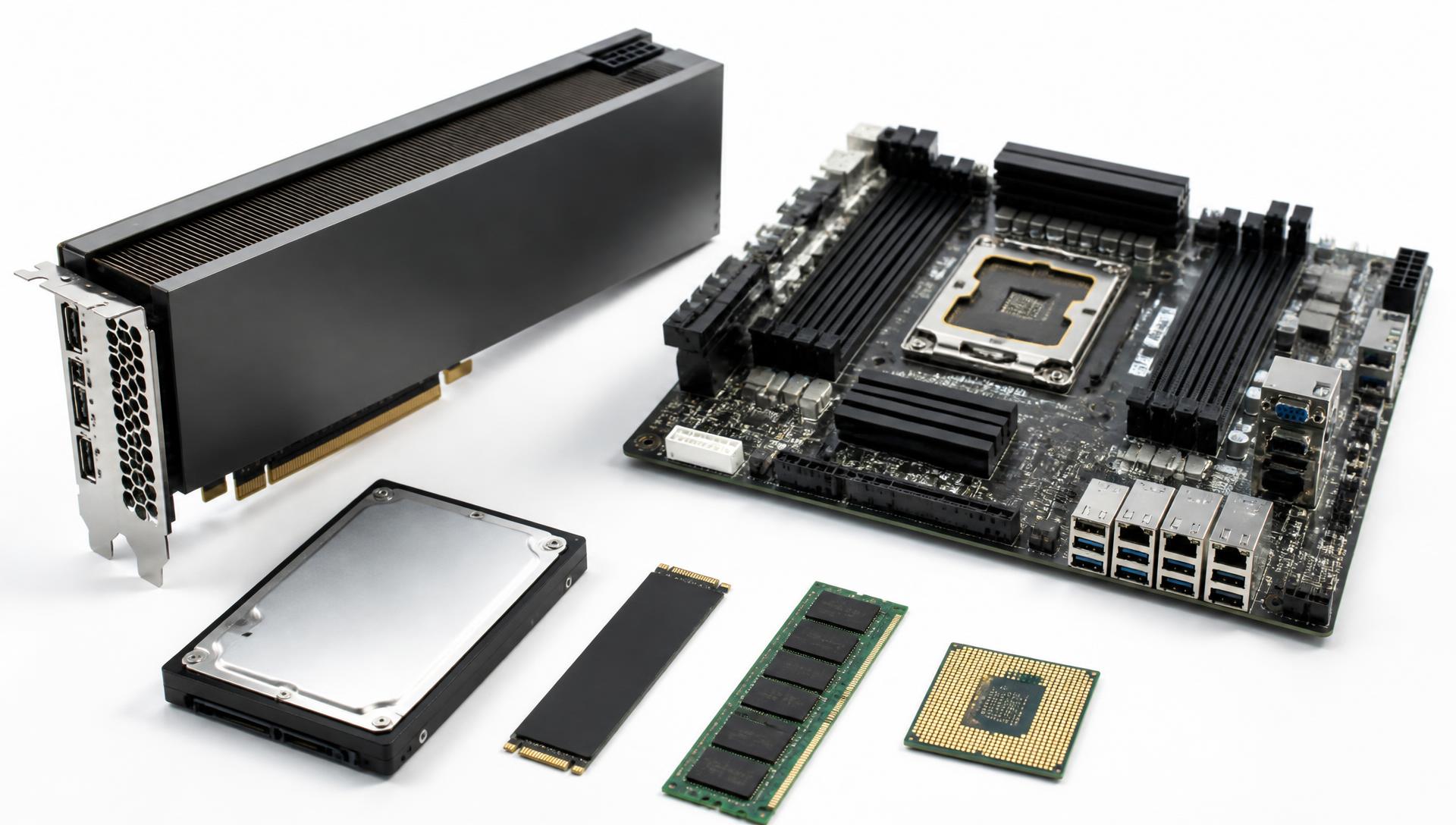 AI GPUs, Storage & Server Compute — Studio close-ups of GPUs, SSDs, HDDs, memory, CPUs and server boards.